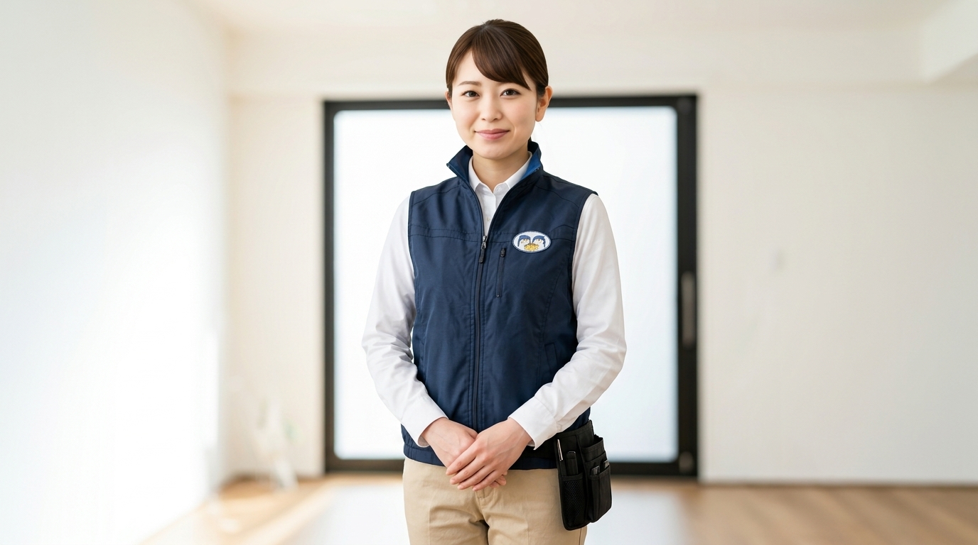 ユーティリティベストを着て立つ女性住宅検査員